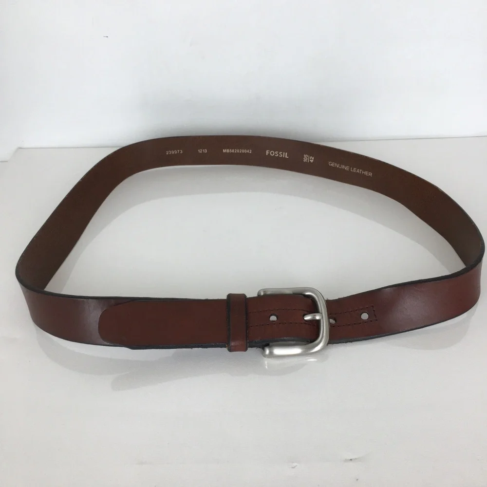 Fossil Mens Brown Leather Casual Belt Size 42 Silver Buckle